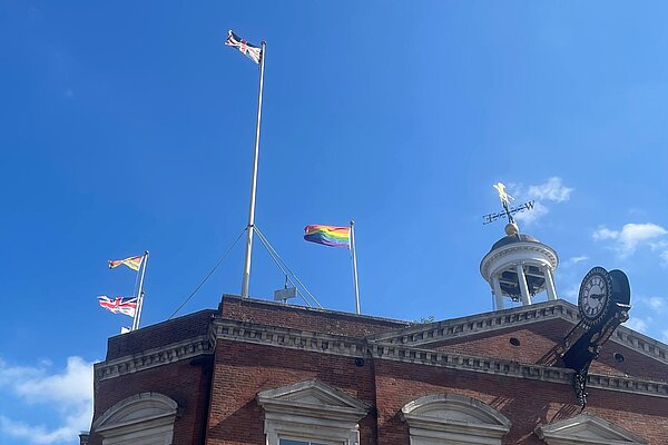 The Armed Forces Day and Pride flags fly together with the Union flag and Maidstone Borough flag over Maidstone Town Hall. The Armed Forces Day and Pride flags fly together with the Union flag and Maidstone Borough flag over Maidstone Town Hall.