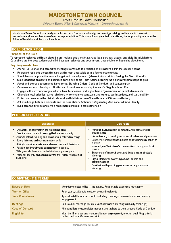 Liberal Democrat Maidstone Town Councillor Job Description and Personal Specification 2026-05-21
